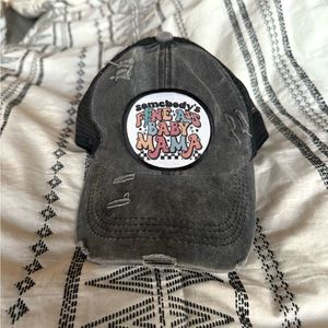 Baseball hat for moms. Bought at a boutique. Ponytail friendly